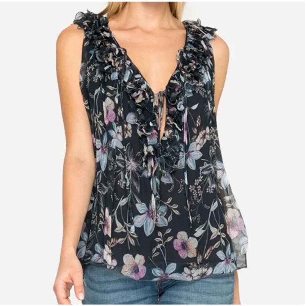Johnny Was Love Silk Floral Ruffle Tank Top L Navy Blue Boho Romantic Sleeveless
